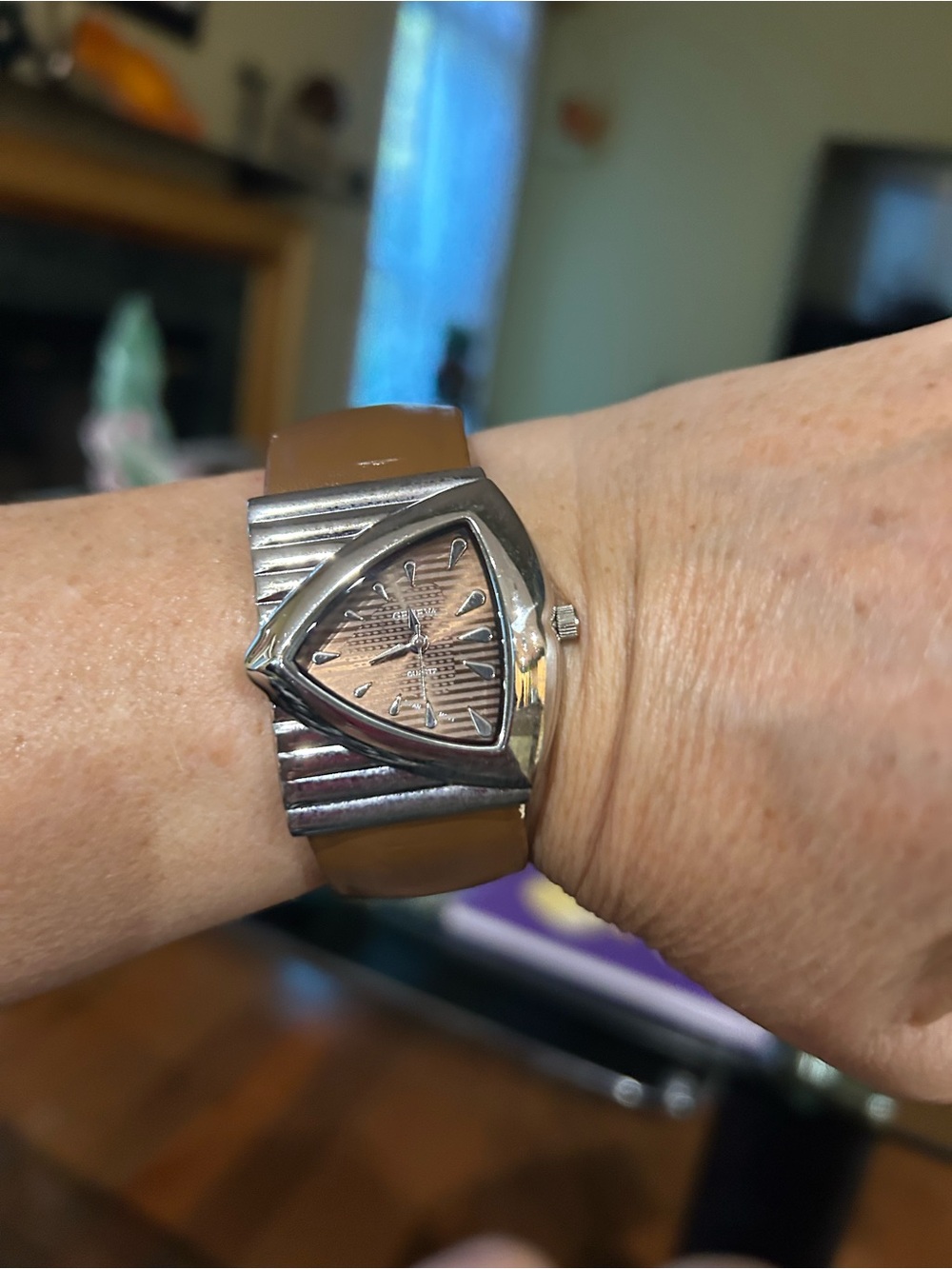 Geneva Triangular Silver Case Watch with Brown Strap